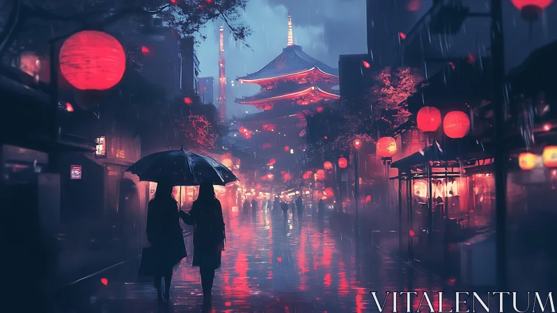 Rainlit temple street in neon-drenched twilight reverie.