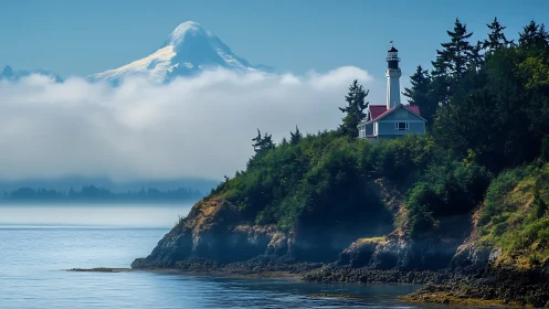 Sentinel Lighthouse: Where Snow-Crowned Mountains Kiss Misty Waters.