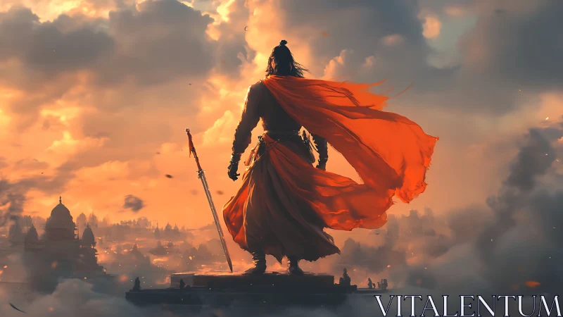 Storm-lit warrior in ember cloak above awakening citadel.