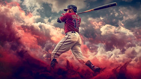 Baseball slugger explodes through swirling clouds of color.
