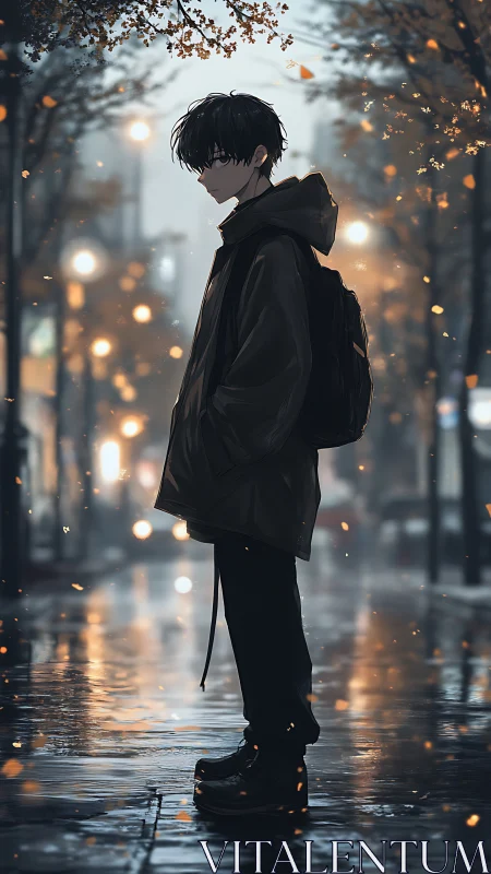 Rainlit loner drifts through ember-kissed city twilight streets.