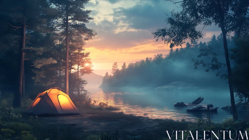 Orange camping tent glows beside misty lake at sunrise