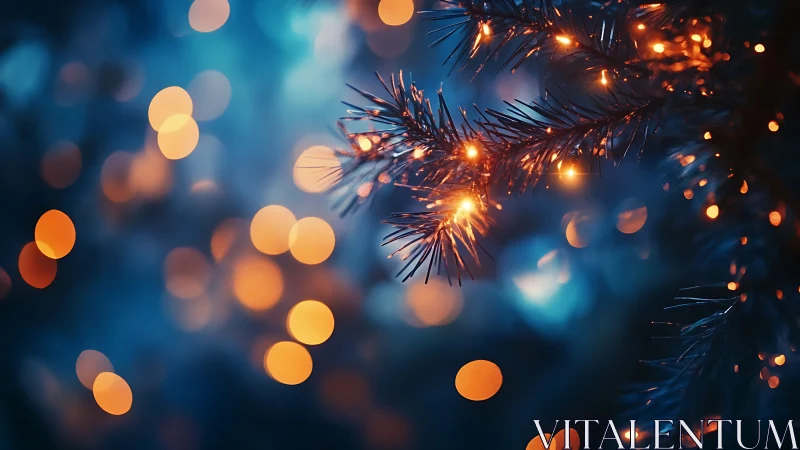 Golden bokeh lights on evergreen needles in soft blue haze.