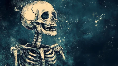 Star-gazing skeleton adrift in teal cosmic duststorm.