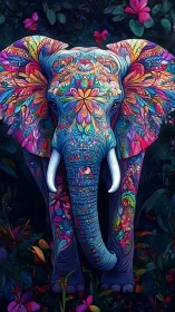 Psychedelic floral elephant portrait in dense jungle setting