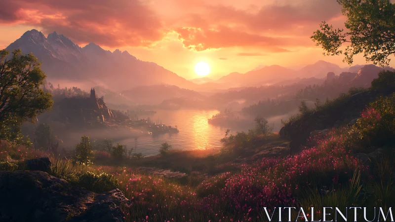 Sunset over lake valley with distant castle and mountains.