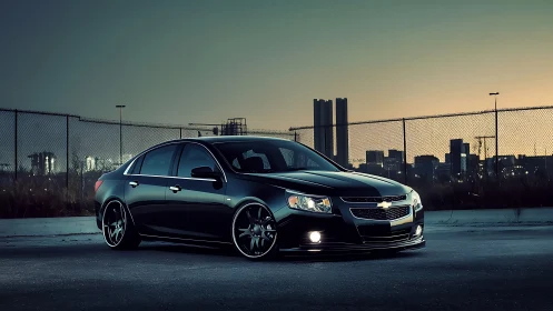 Low-slung black sedan under teal dusk city skyline.
