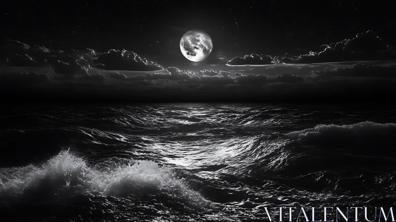 Moonlit storm waves under dramatic nocturnal sky.