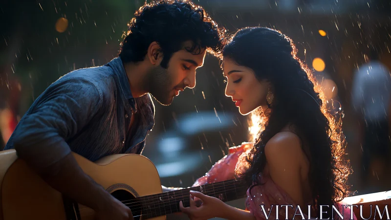 Intimate Musical Moment in Rain with Dramatic Backlit Cinematography.