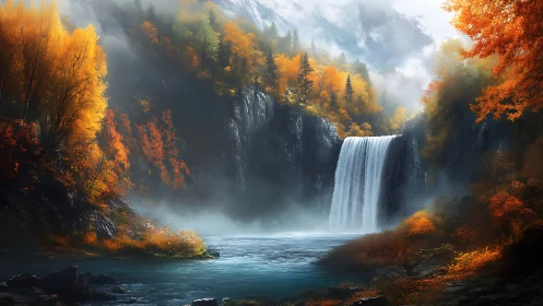 Autumn cascade beneath misty cliffs in luminous forest.