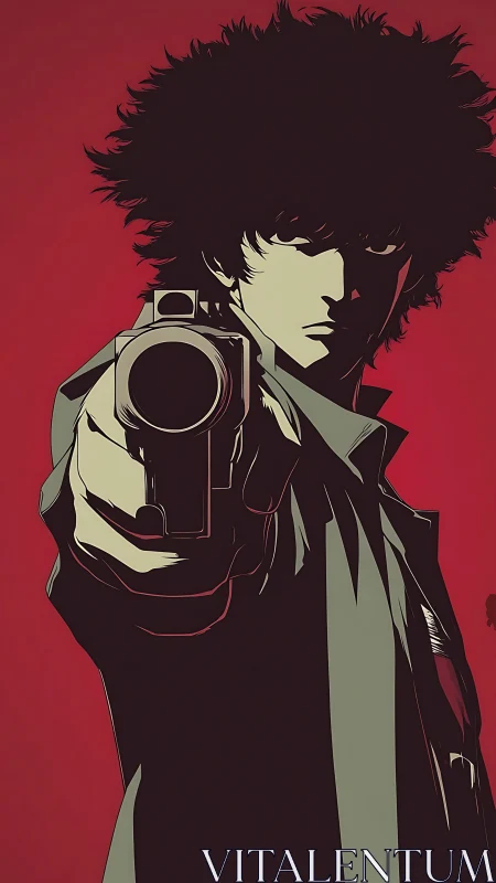 Stoic gunman extends pistol toward viewer, stark red field