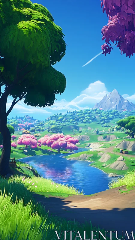 Colorful stylized river valley extends toward distant mountain