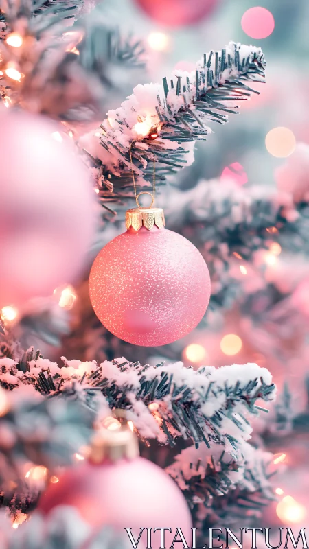 Photorealistic pastel bauble on frosted Christmas fir branch.