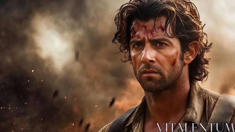 Wounded soldier stands in smoke with intense determined stare.