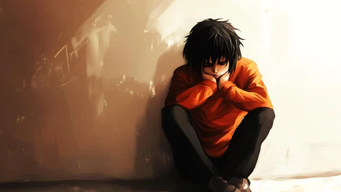 Sad anime boy sits alone against warm textured wall