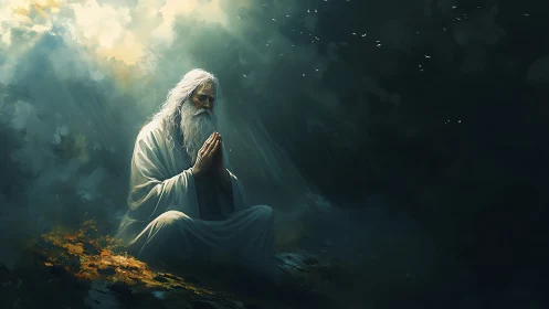 Elderly robed figure seated in prayer under diffuse light.