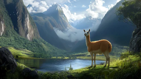 Lone llama quietly crowns a sunlit Andean valley lake