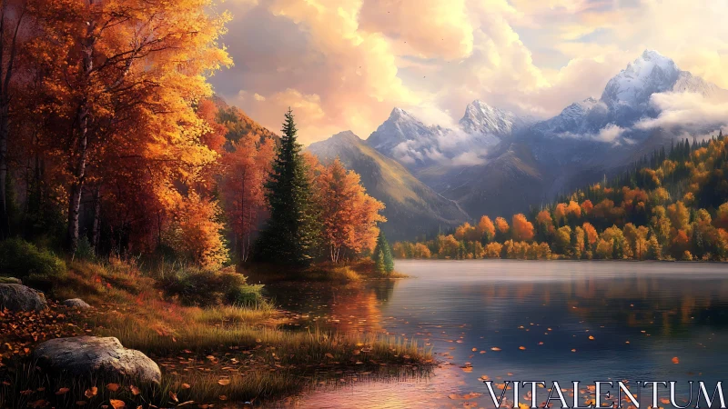 Autumn mountainside lake glows beneath storybook sunrise skies.