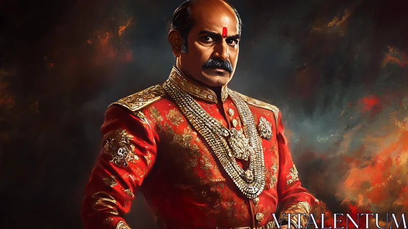 Regal portrait of stern Indian noble in ornate red brocade uniform
