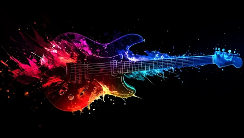 Electric guitar silhouette with multicolor digital splashes.