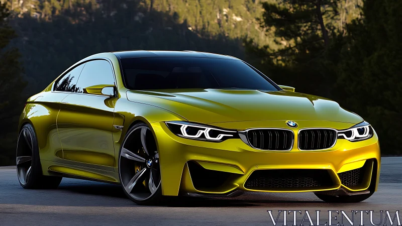 Lime metallic BMW coupe reflects alpine dusk highlights.