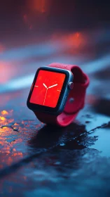 Neon‑rain smartwatch glowing like a tiny streetlight in dusk.