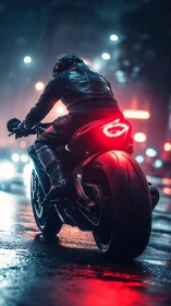 Neon-lit sport bike waits in the rain for a midnight sprint