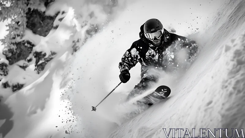 Snowstorm surfer carves a monochrome thunderbolt descent