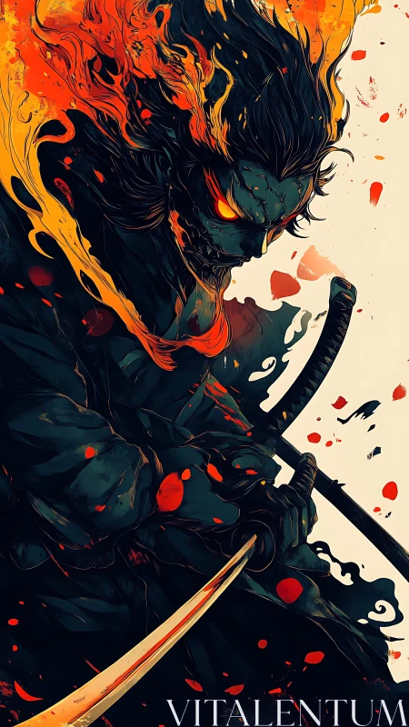 Flame-eyed shadow samurai carves through embers and night.