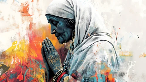 Elder in prayer woven through blazing abstract color storms.