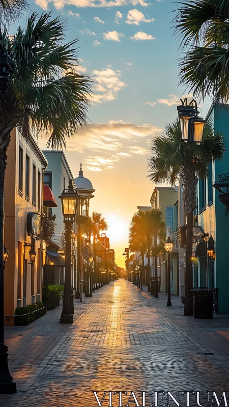Linear palm-lined pedestrian street under axial sunrise glow.