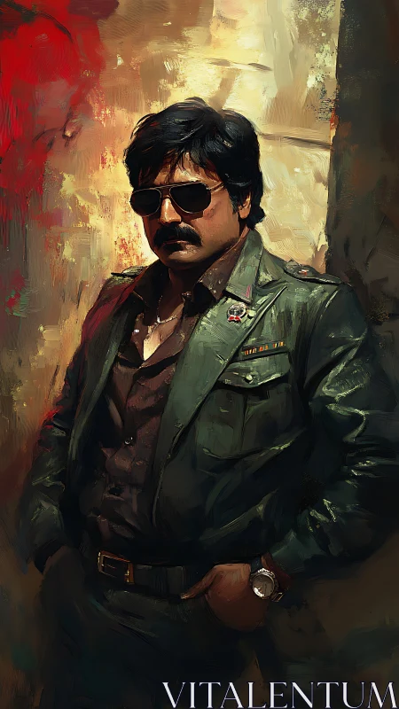 Man in dark aviators and leather jacket against abstract wall.