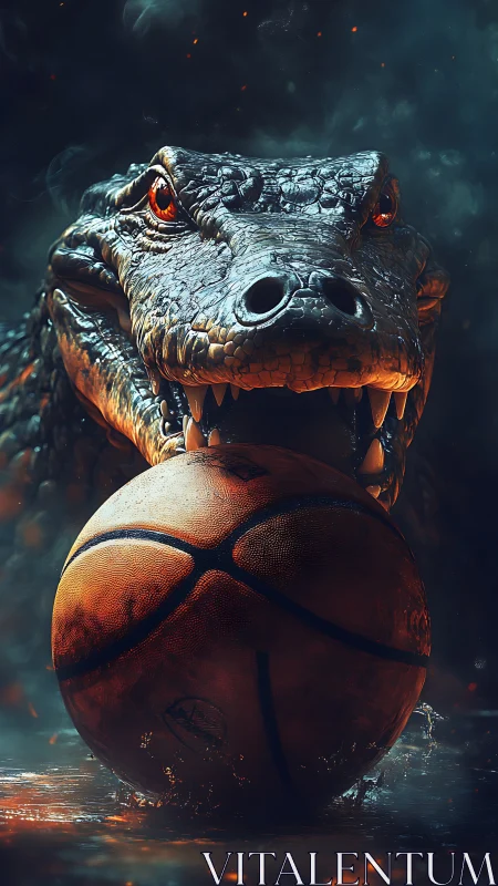 Crocodile head with basketball in jaws, dark setting.