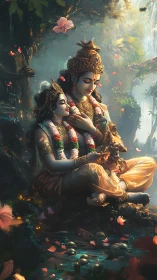 Divine couple in jeweled crowns beside luminous forest pool