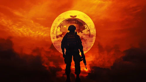 Armed soldier silhouette against fiery digital sunset sky.