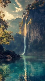 Vertical composition shows tall waterfall descending into lake