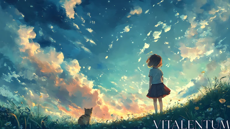 Backlit girl and cat under luminous dusk cloudscape