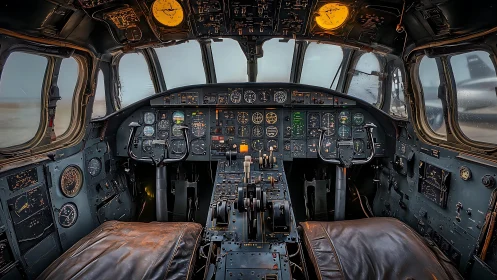 Vintage airliner cockpit with analog gauges and rich patina.