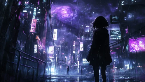 Lone figure surveys neon storm over rain-soaked cyber city.
