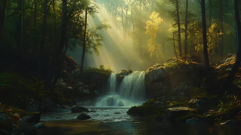 Luminous waterfall in dense forest with directional light rays and water cascade