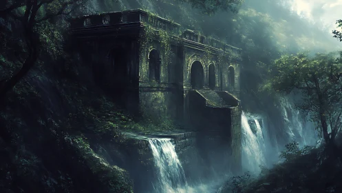 Ancient stone aqueduct fortress spans twin cascading waterfalls