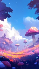 Dreamlit mushroom meadow under a sorbet painted sky.