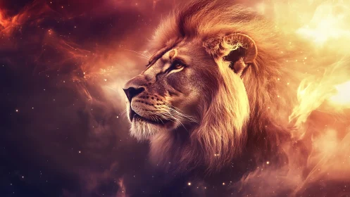 Lion profile in fiery cosmic nebula environment background.