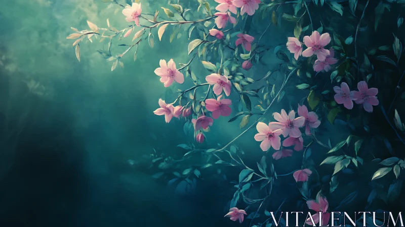 Atmospheric Botanical Study: Pink Blooms Against Teal Gradient.