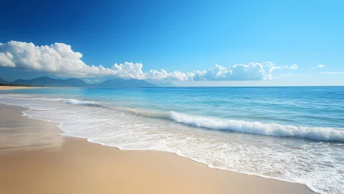 Coastal shoreline displays shallow waves under clear sky