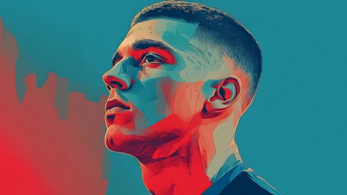 Stylized male portrait uses bold vector shading and gradients.