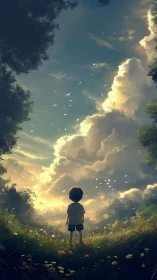 Child beneath glowing sky of clouds, dreams, and light.