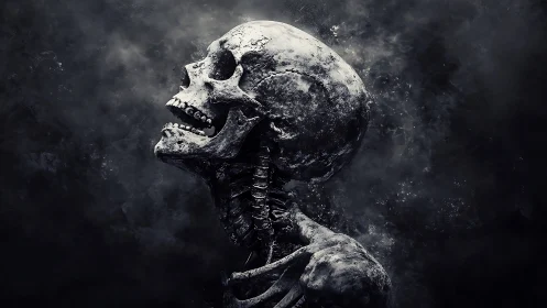 Eroded human skeleton rendered in high-contrast monochrome profile