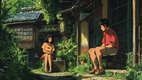 Summer courtyard conversation in overgrown wooden alleyway.