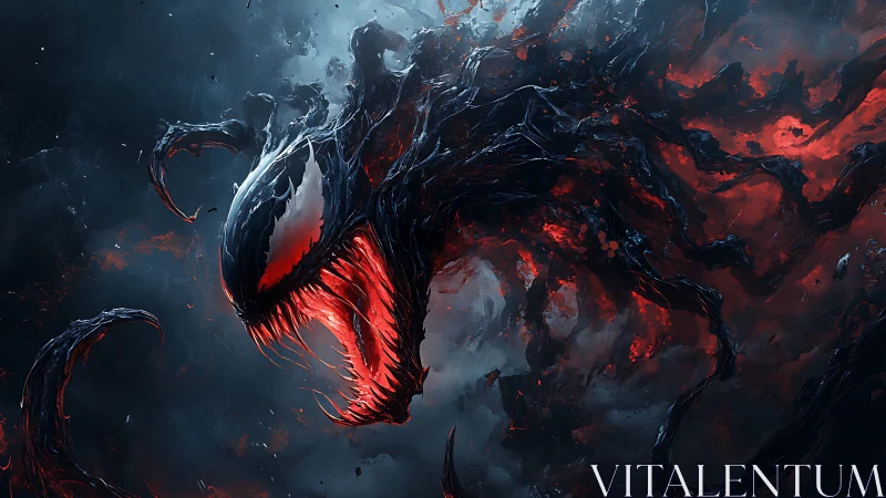 Ravenous void serpent erupts in ember-lit cosmic storm.